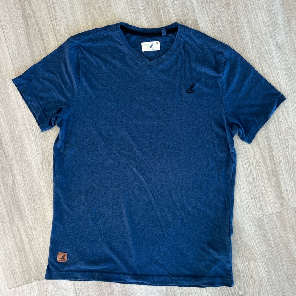 Kangol Men’s L Navy Blue Logo V-Neck Short Sleeve Cotton T-Shirt Casual Tee